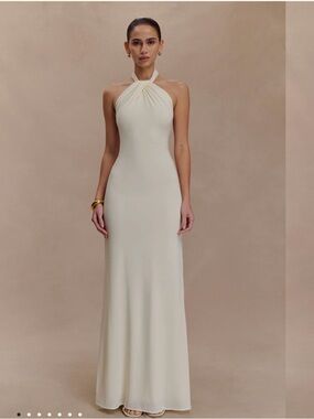 Ivory Halter Neck Maxi Dress Elegant Bridal Reception Wedding Guest Dress M